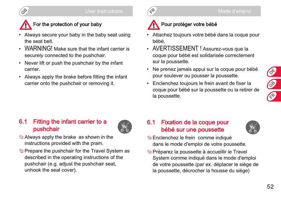 Warning, Avertissement | Britax Romer BABY-SAFE plus SHR II User Manual | Page 53 / 272