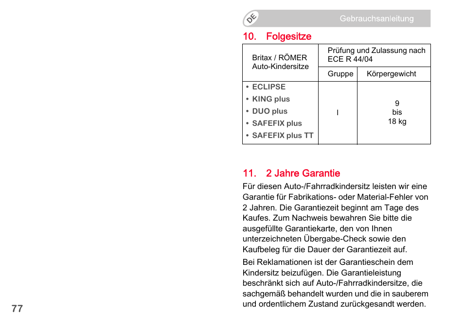 Britax Romer BABY-SAFE plus SHR II User Manual | Page 78 / 272