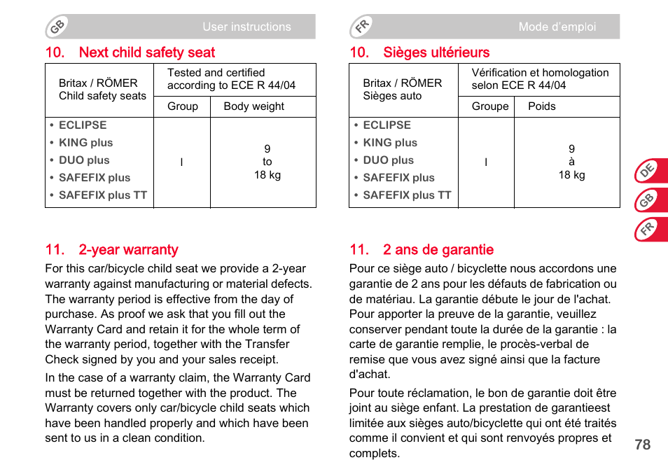 Sièges ultérieurs 11. 2 ans de garantie | Britax Romer BABY-SAFE plus SHR II User Manual | Page 79 / 272