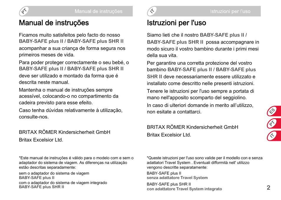 Manual de instruções, Istruzioni per l'uso | Britax Romer BABY-SAFE plus SHR II User Manual | Page 94 / 272