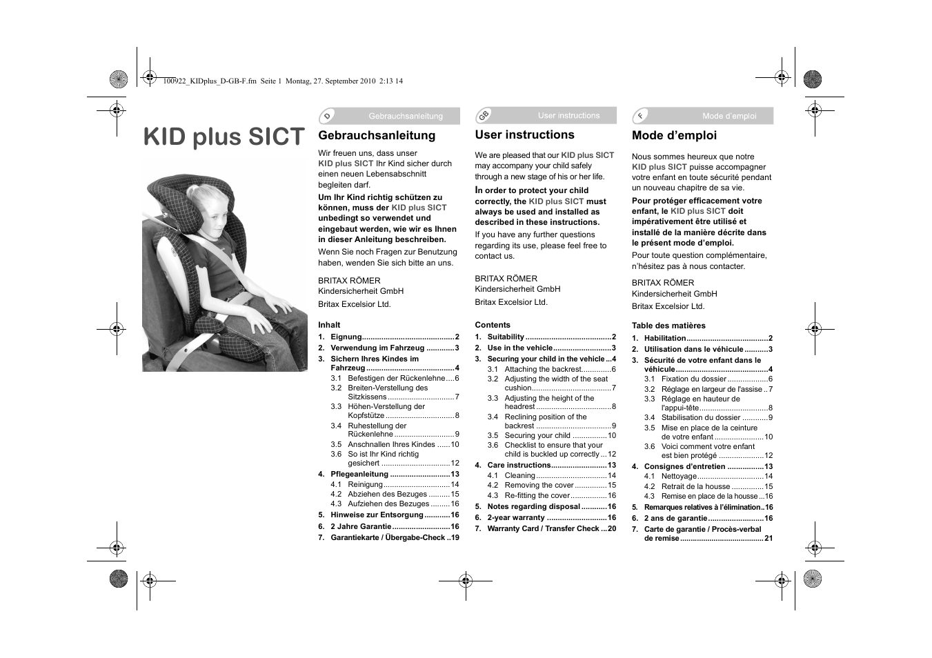 100922_kidplus_d-gb-f, Kid plus sict, Mode d’emploi | User instructions, Gebrauchsanleitung | Britax KID plus SICT User Manual | Page 3 / 65
