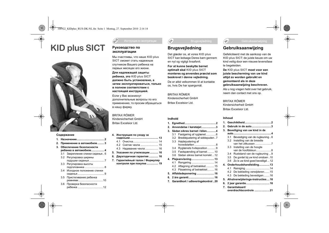 100922_kidplus_rus-dk-nl, Kid plus sict, Gebruiksaanwijzing | Brugsvejledning | Britax KID plus SICT User Manual | Page 45 / 65