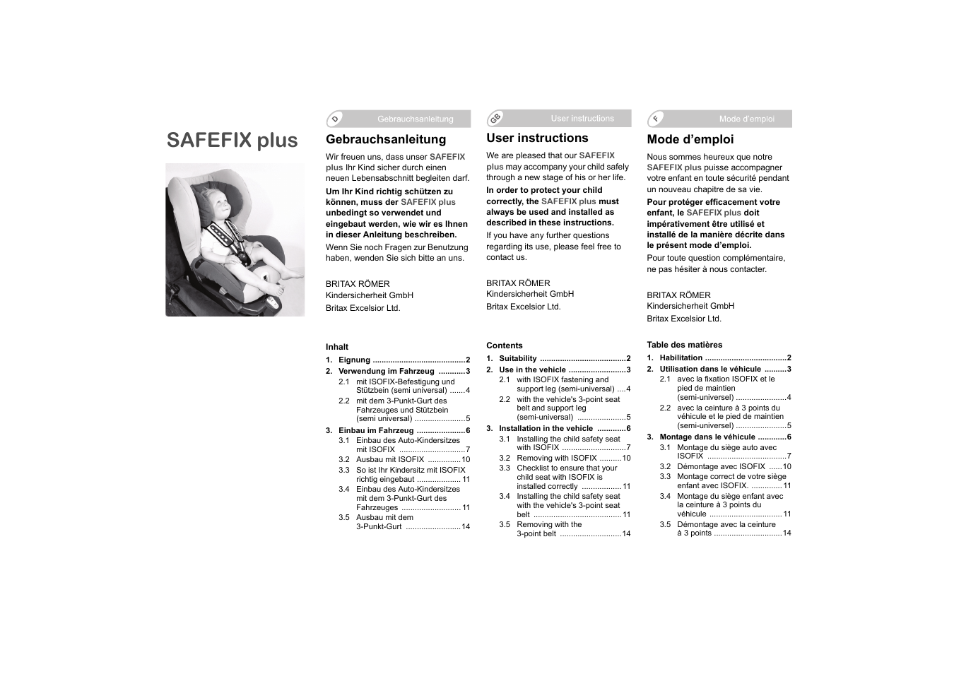 120119_safefixplus_d-gb-f_web, Safefix plus, Gebrauchsanleitung | Mode d’emploi, User instructions | Britax SAFEFIX plus User Manual | Page 3 / 104