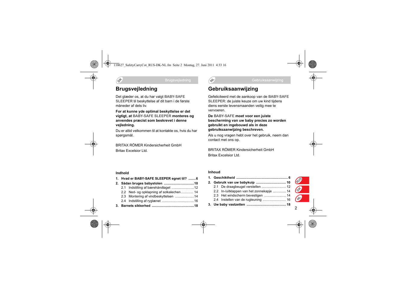 Brugsvejledning, Gebruiksaanwijzing | Britax BABY-SAFE SLEEPER User Manual | Page 158 / 233