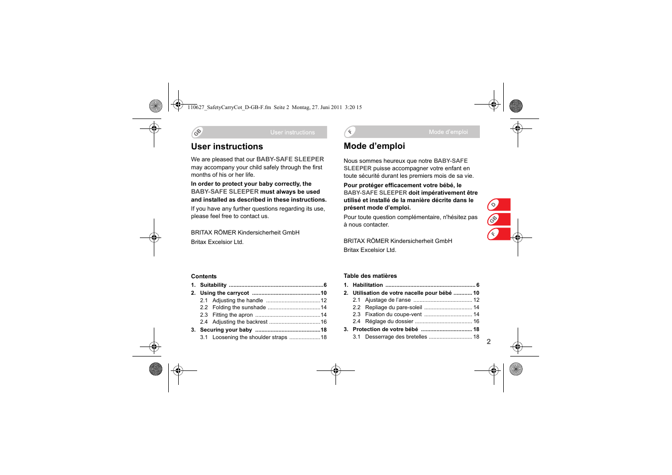User instructions, Mode d’emploi | Britax BABY-SAFE SLEEPER User Manual | Page 4 / 233