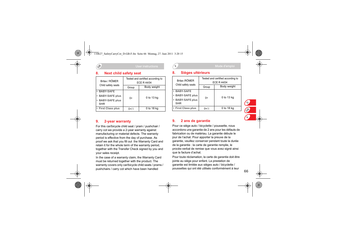 Britax BABY-SAFE SLEEPER User Manual | Page 68 / 233