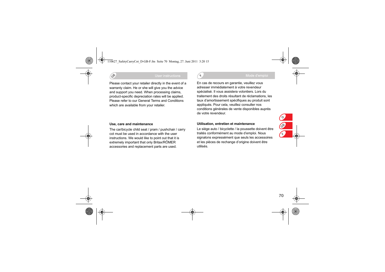 Britax BABY-SAFE SLEEPER User Manual | Page 72 / 233