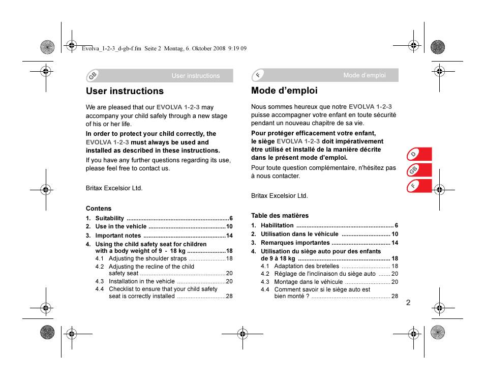 User instructions, Mode d’emploi | Britax EVOLVA 123 Plus User Manual | Page 4 / 251