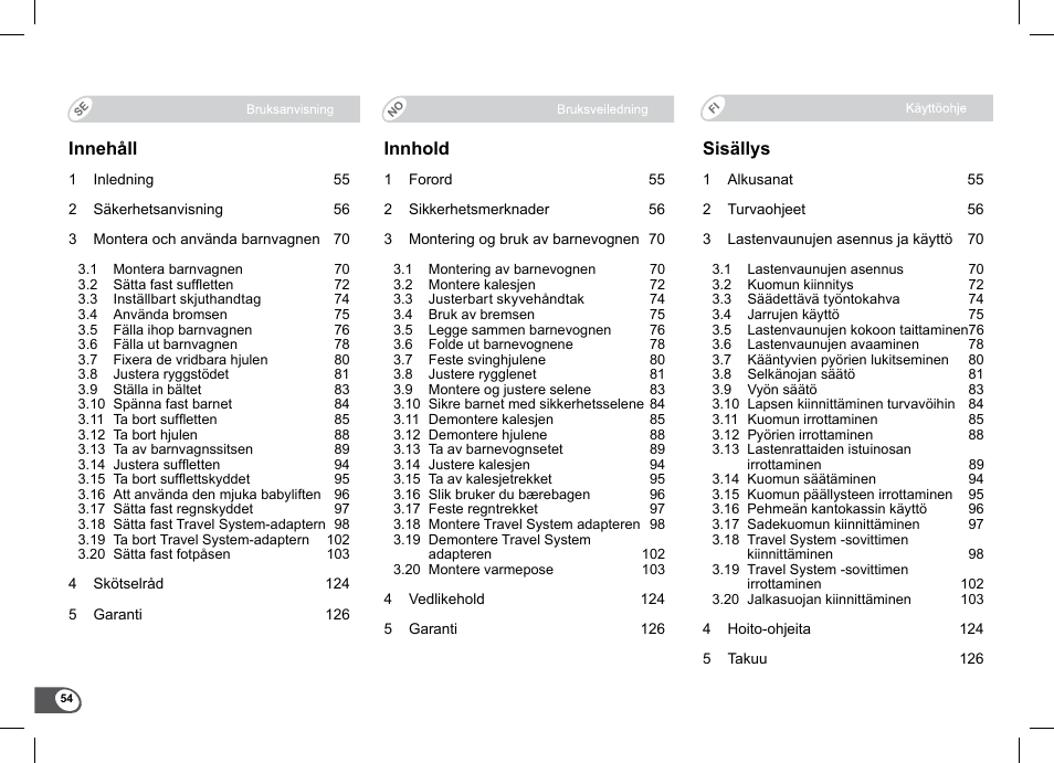 Innehåll, Innhold, Sisällys | Britax B-Agile Double User Manual | Page 56 / 132