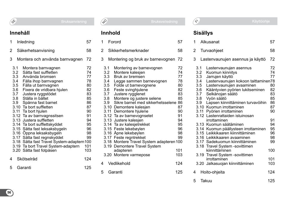 Innehåll, Innhold, Sisällys | Britax B-Agile User Manual | Page 58 / 133