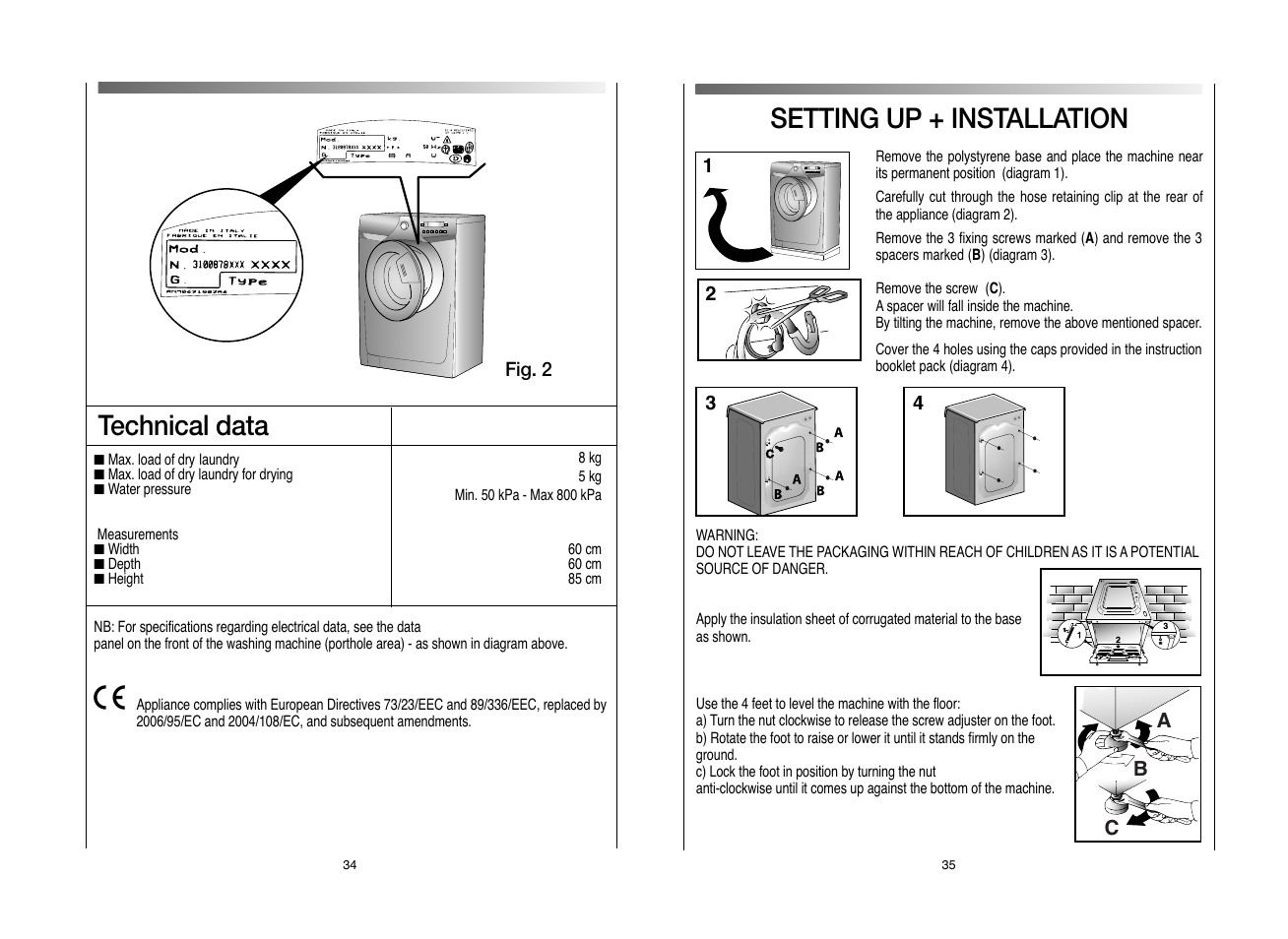 Setting up + installation, Technical data | Candy GO W496D-AUS User Manual | Page 18 / 21