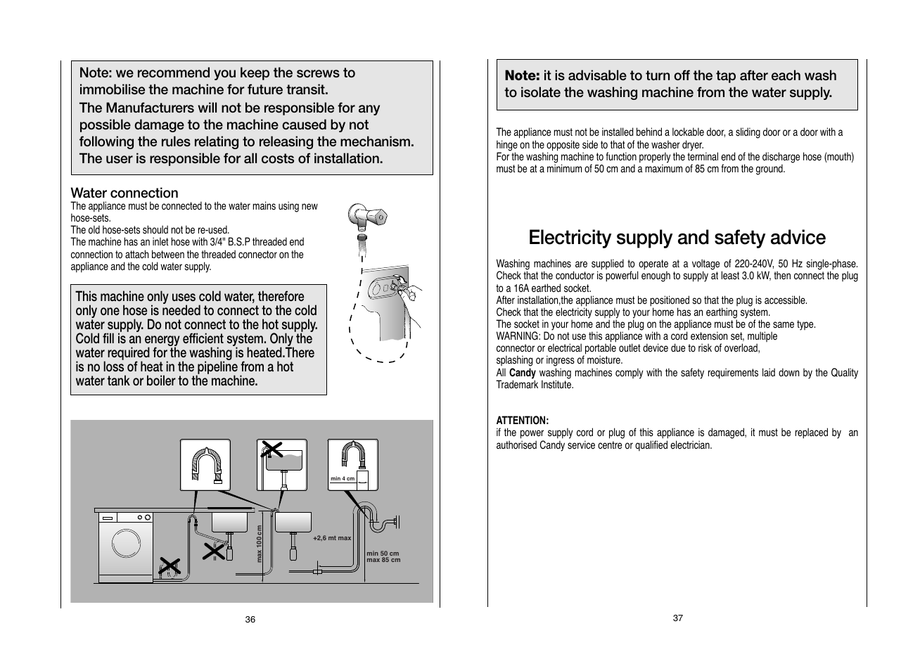 Electricity supply and safety advice | Candy GO W496D-AUS User Manual | Page 19 / 21