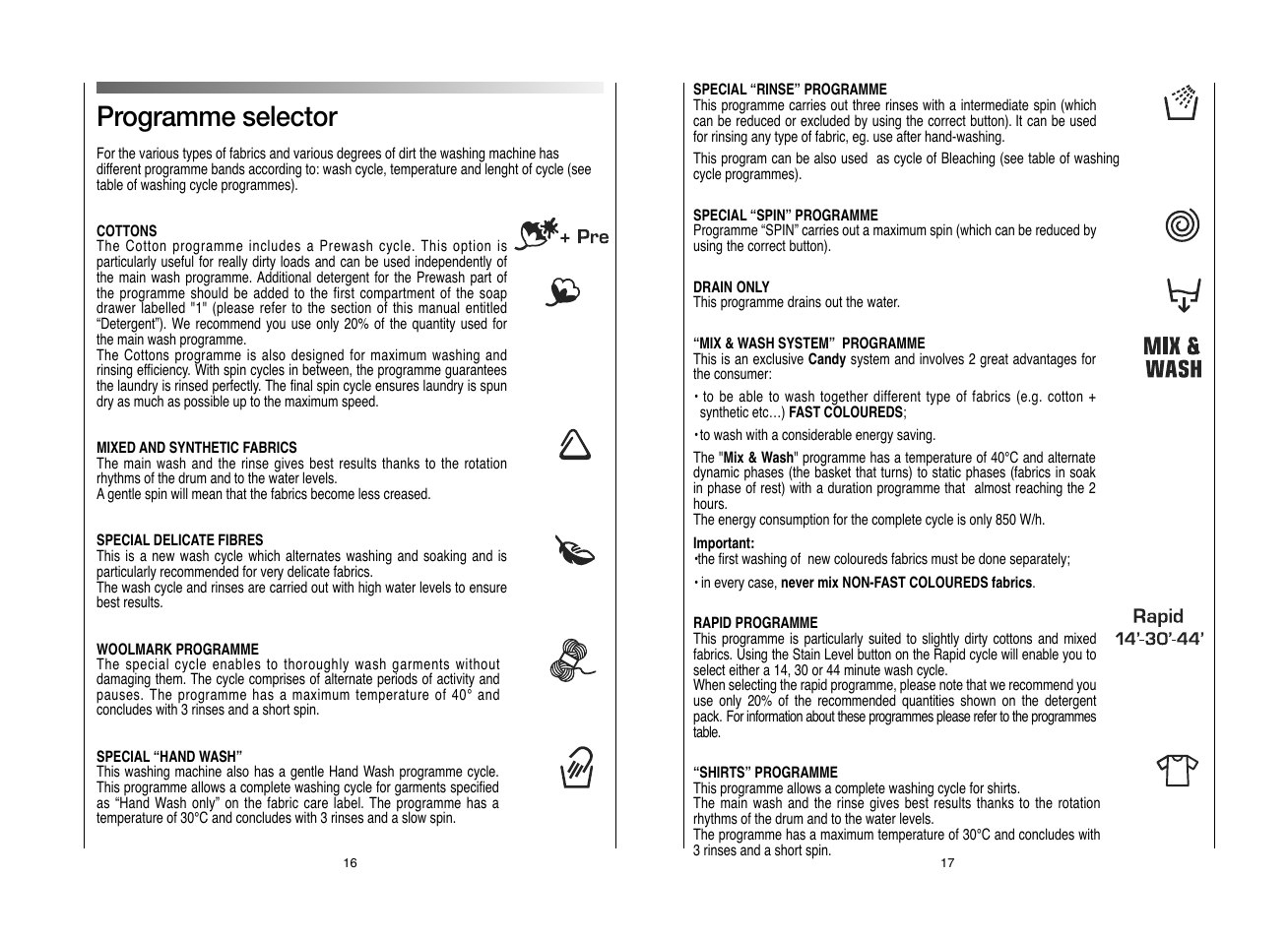 Programme selector | Candy GO W496D-AUS User Manual | Page 9 / 21