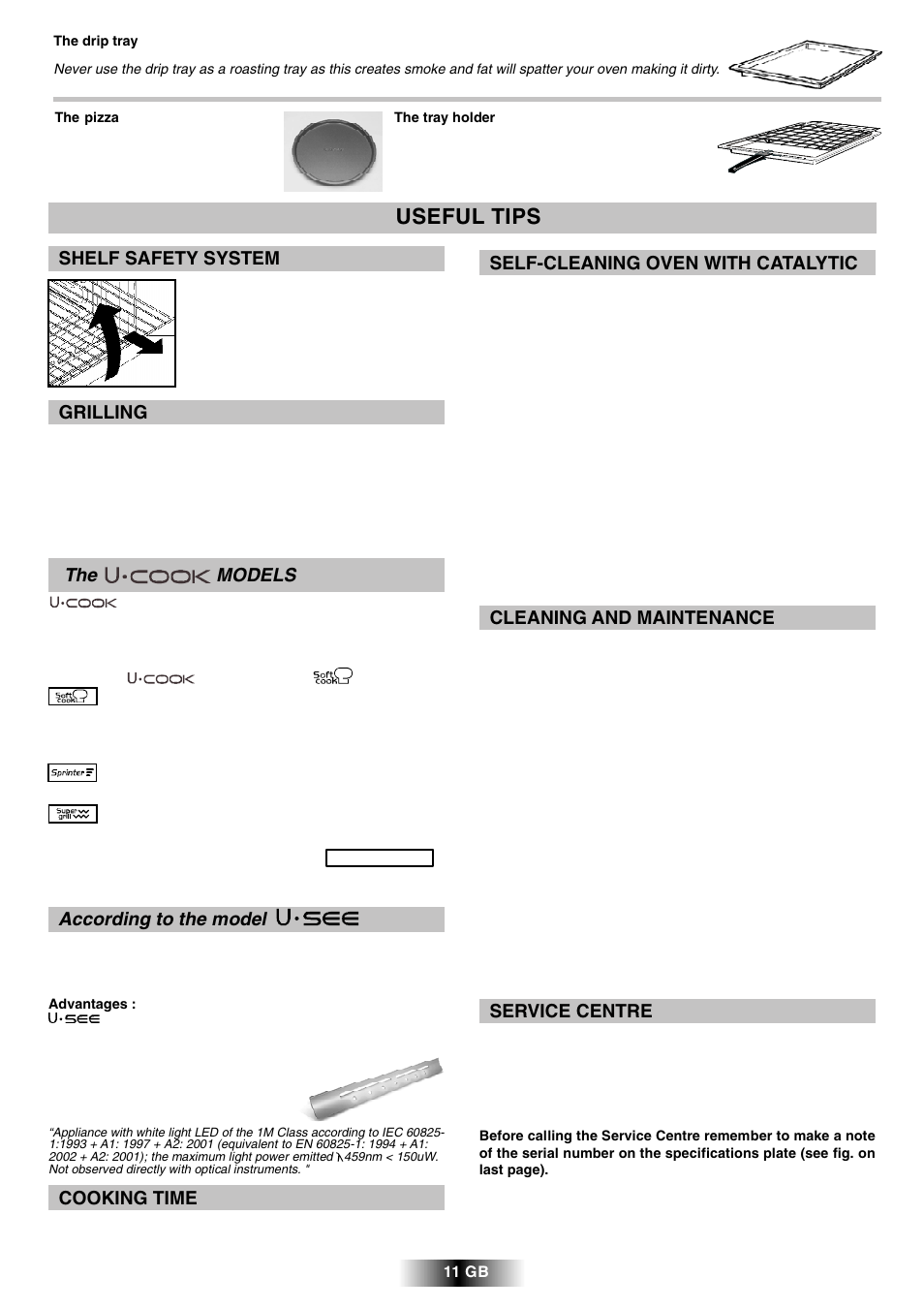 Useful tips, Self-cleaning oven with catalytic, Shelf safety system | Grilling, Cooking time, Service centre, The models, According to the model, Cleaning and maintenance | Candy R 80 GH User Manual | Page 12 / 68