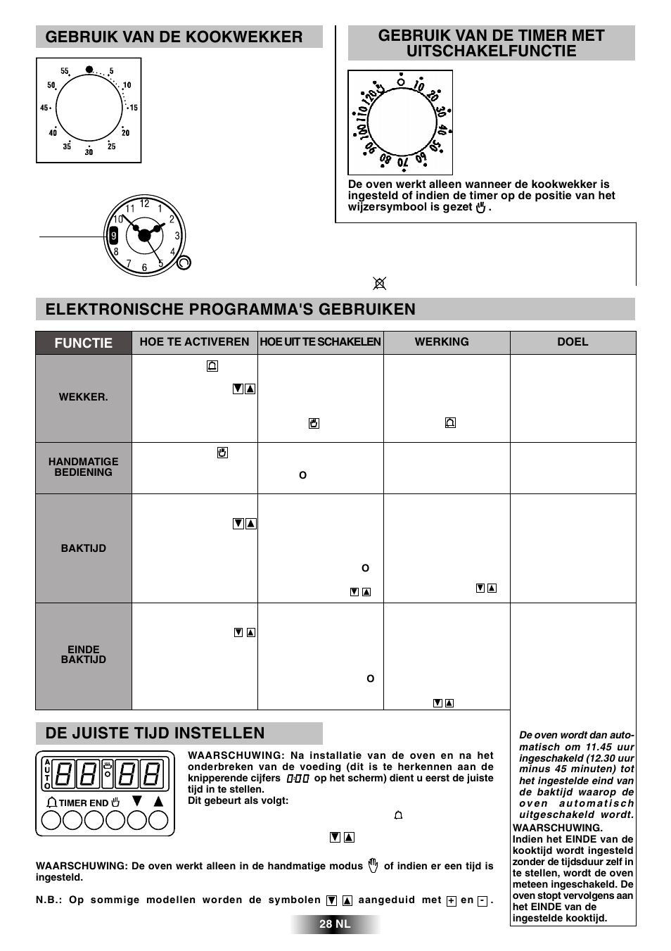 Elektronische programma's gebruiken, De juiste tijd instellen, Gebruik van de kookwekker | Gebruik van de timer met uitschakelfunctie, Functie | Candy R 80 GH User Manual | Page 29 / 68