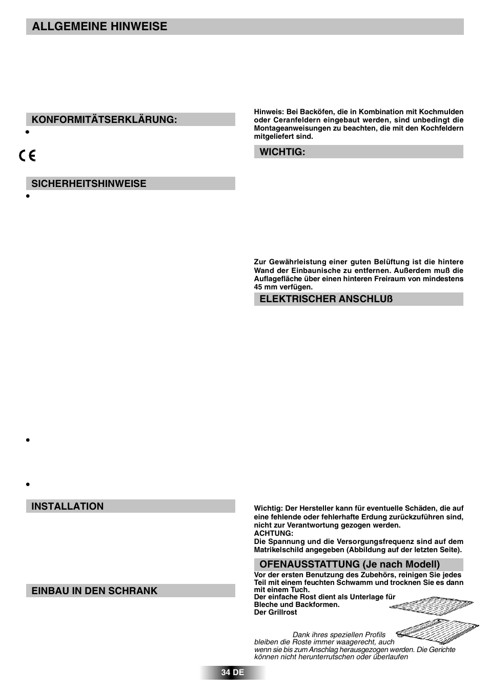 Allgemeine hinweise, Wichtig, Elektrischer anschluß | Konformitätserklärung, Sicherheitshinweise, Installation, Einbau in den schrank, Ofenausstattung (je nach modell) | Candy R 80 GH User Manual | Page 35 / 68