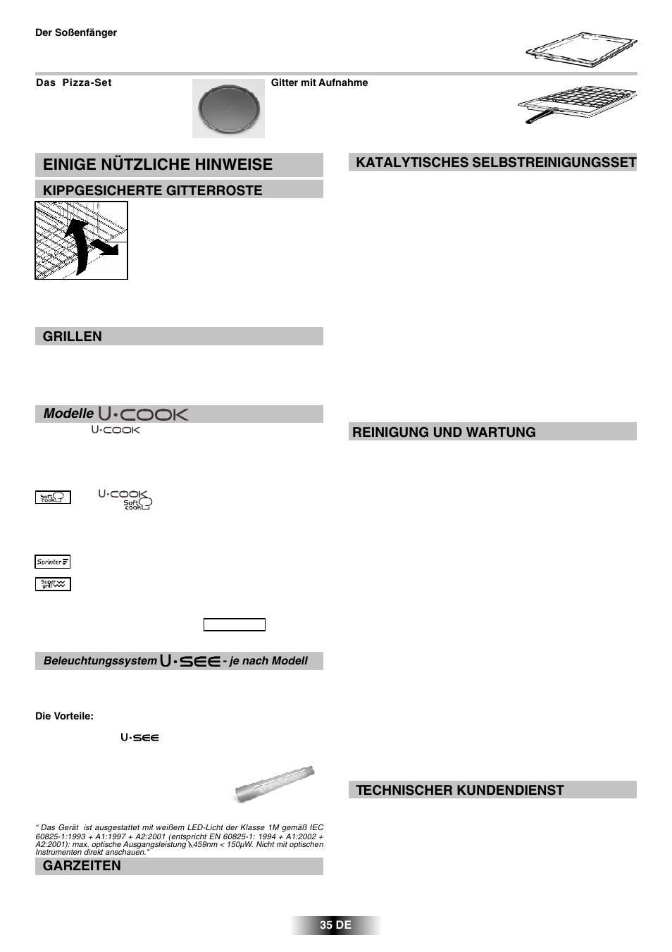 Einige nützliche hinweise, Reinigung und wartung, Technischer kundendienst | Katalytisches selbstreinigungsset, Grillen, Garzeiten, Kippgesicherte gitterroste, Modelle | Candy R 80 GH User Manual | Page 36 / 68