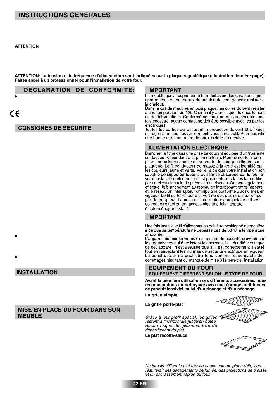 Instructions generales, Consignes de securite, Installation | Mise en place du four dans son meuble, Equipement du four | Candy R 80 GH User Manual | Page 43 / 68