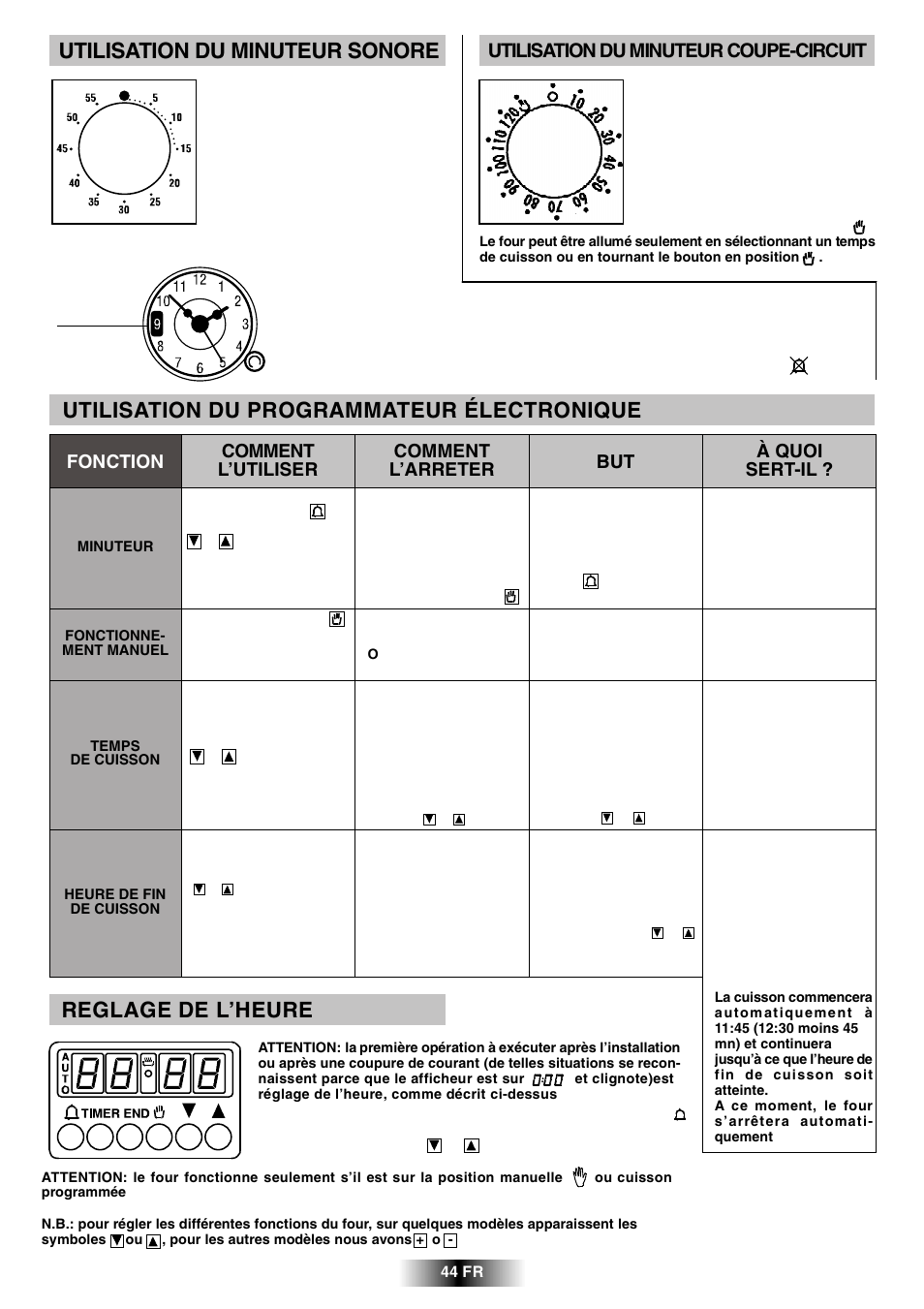 Utilisation du programmateur électronique, Reglage de l’heure, Utilisation du minuteur sonore | Utilisation du minuteur coupe-circuit | Candy R 80 GH User Manual | Page 45 / 68