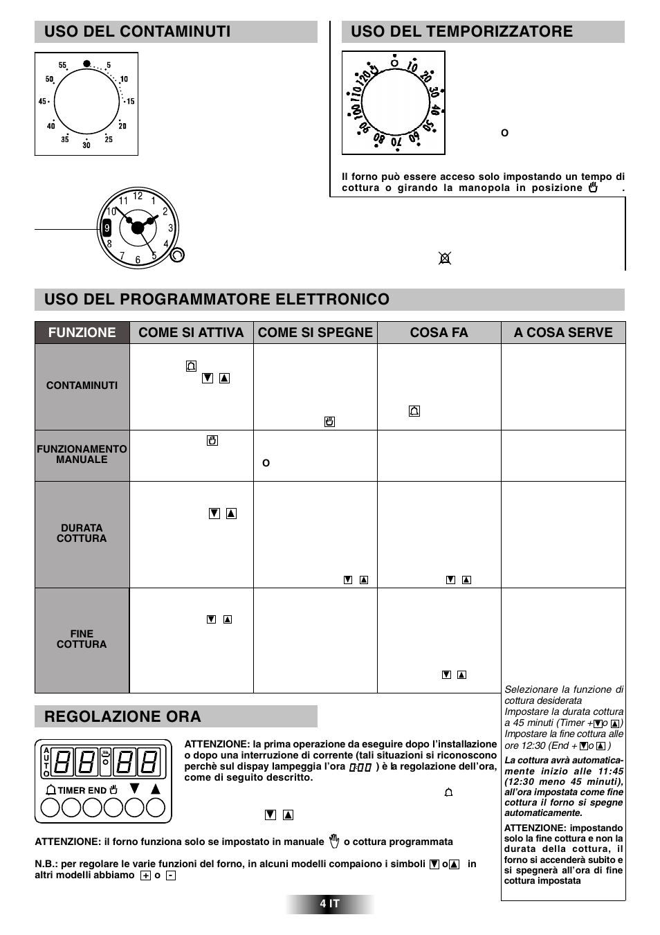 Uso del programmatore elettronico, Regolazione ora, Uso del contaminuti | Uso del temporizzatore | Candy R 80 GH User Manual | Page 5 / 68