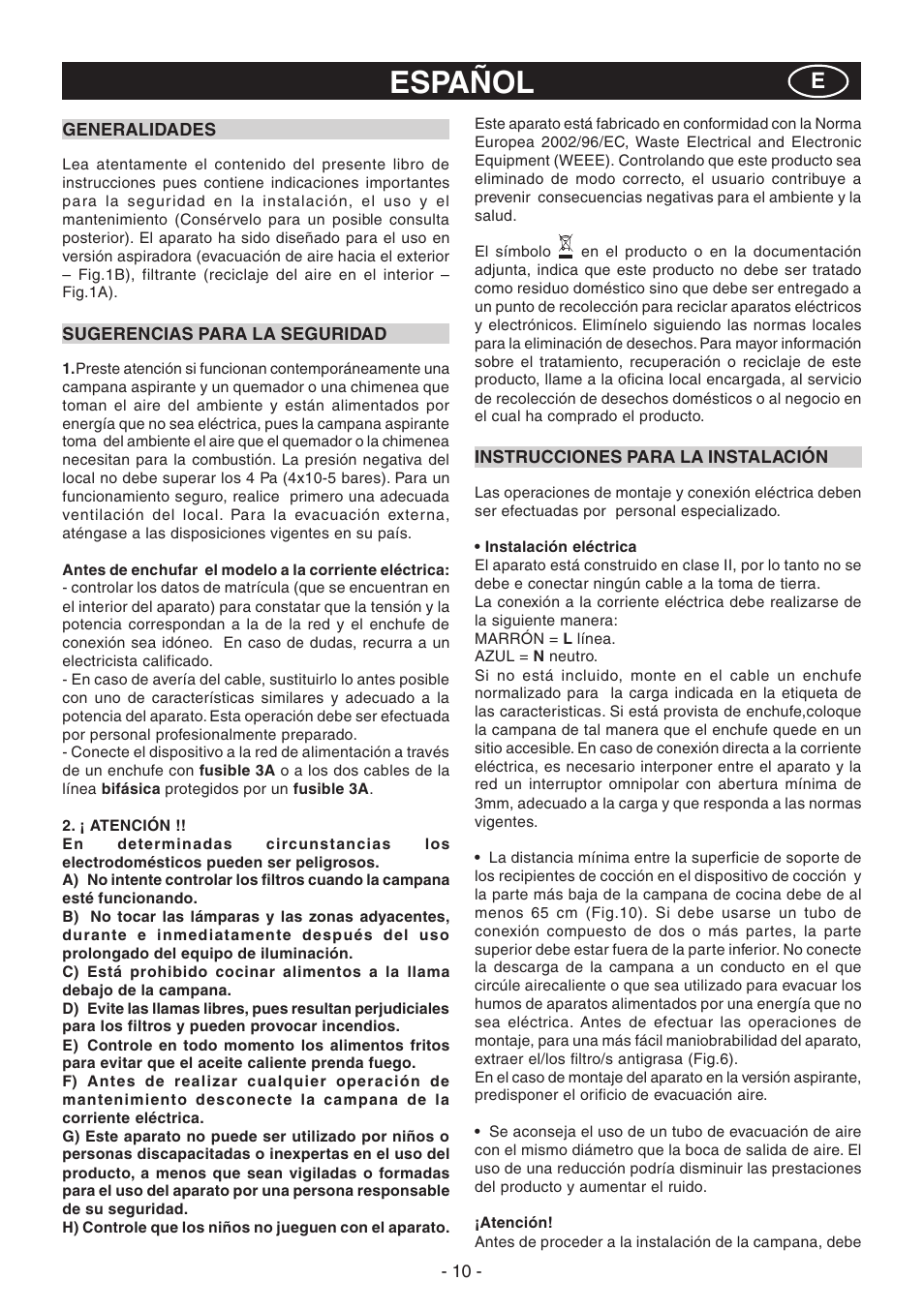 Español | Candy CGM 91 X User Manual | Page 10 / 48