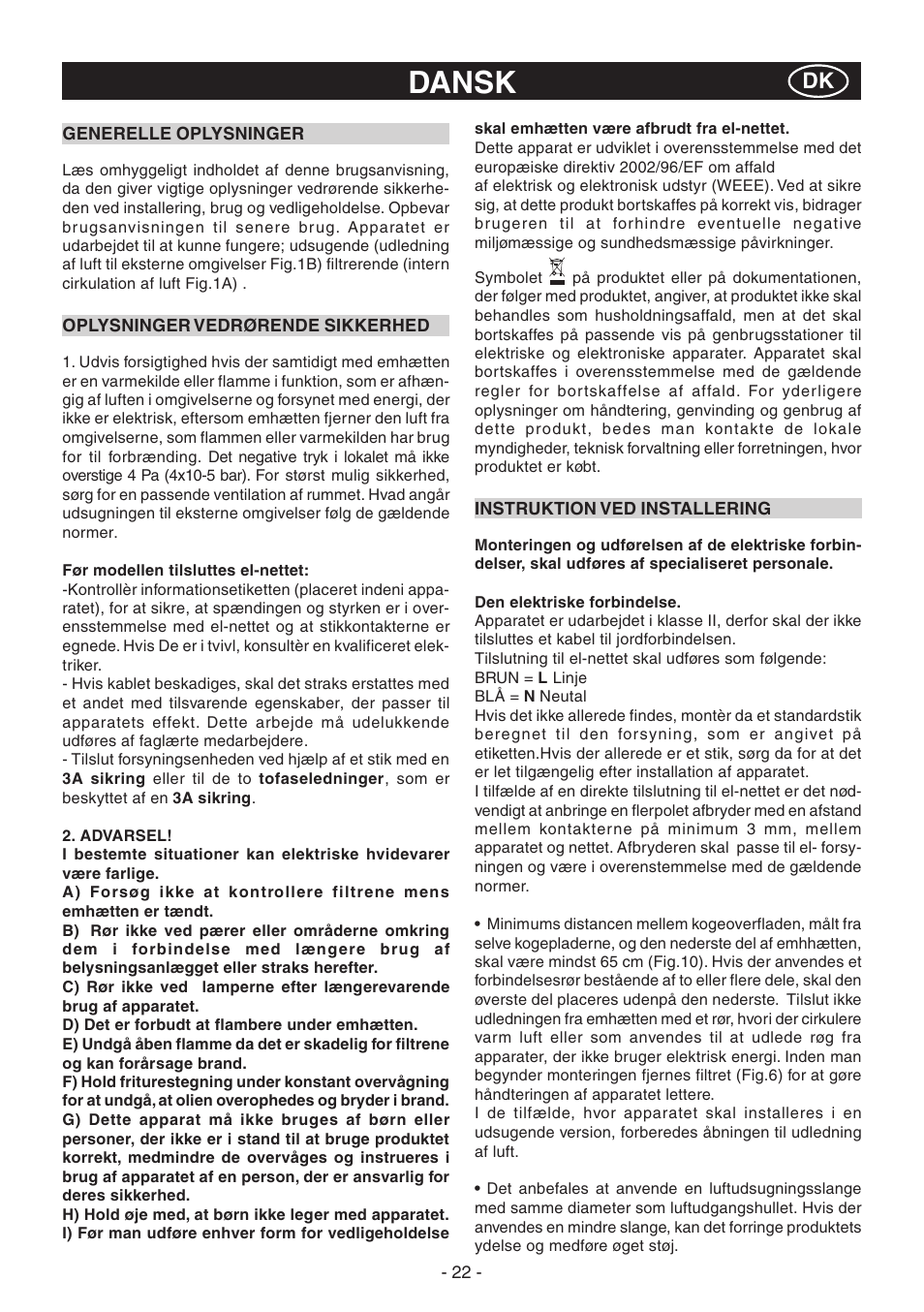 Dansk | Candy CGM 91 X User Manual | Page 22 / 48