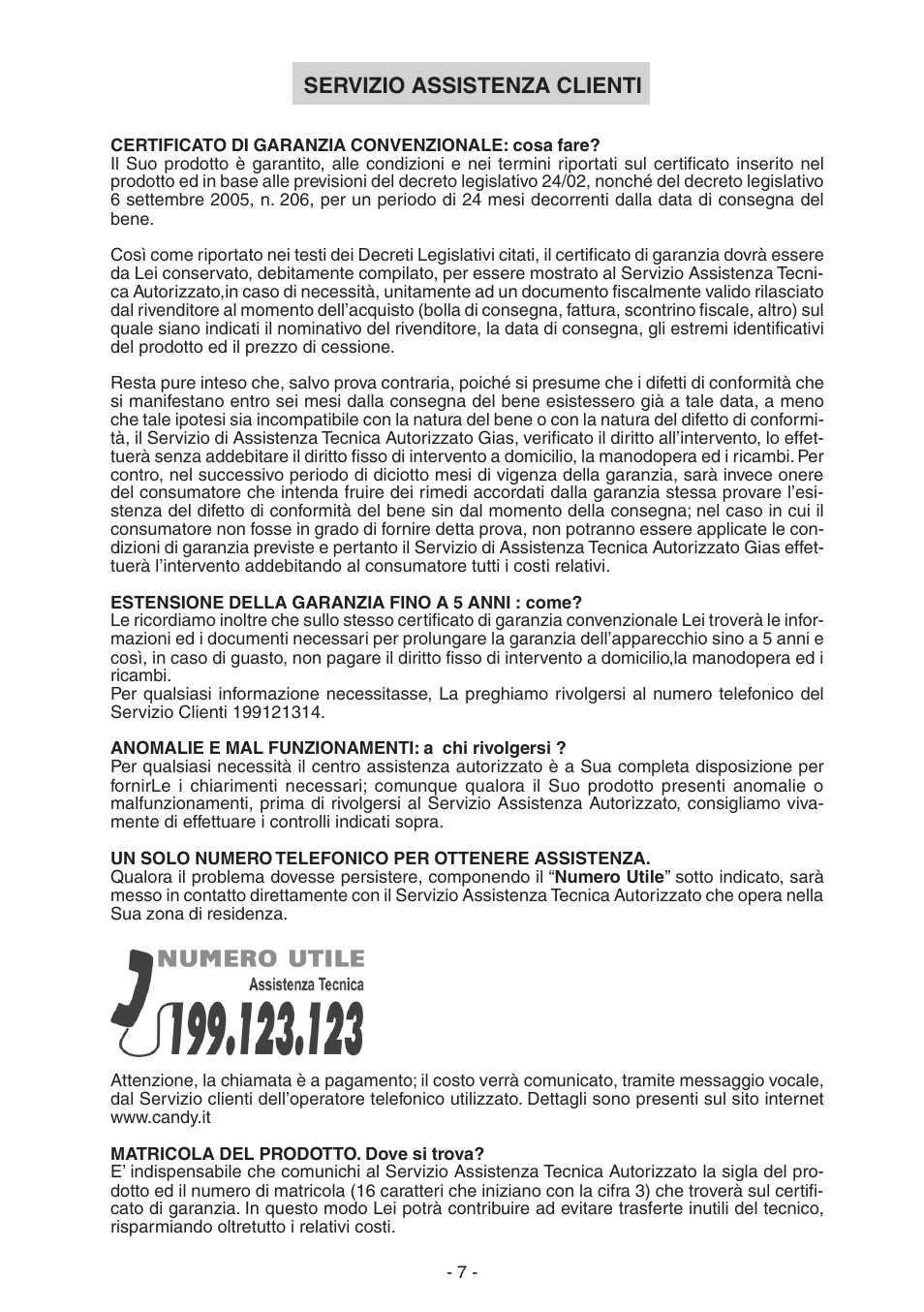 Servizio assistenza clienti | Candy CGM 91 X User Manual | Page 7 / 48