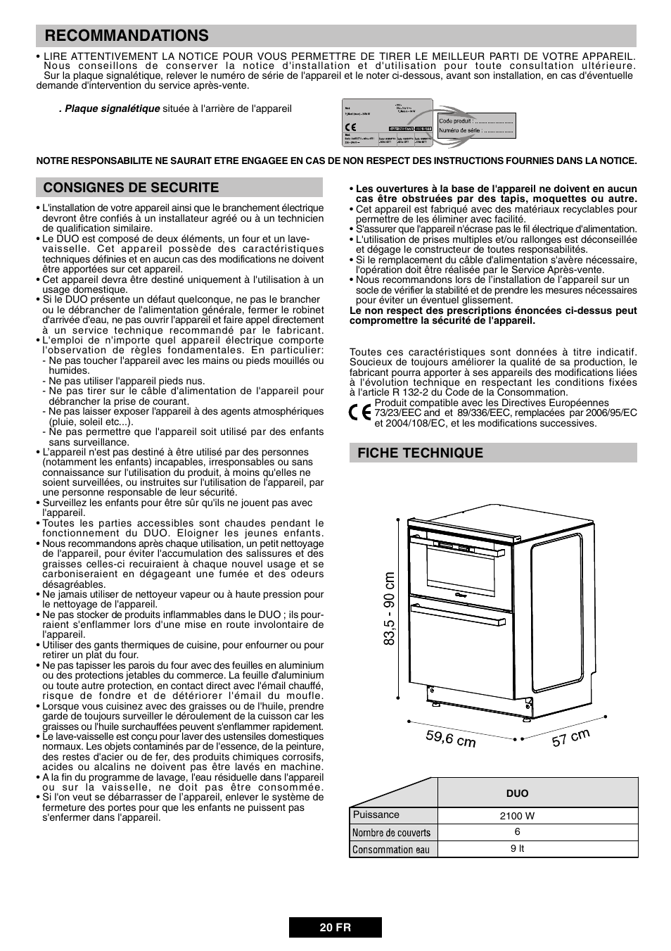 Recommandations, Consignes de securite, Fiche technique | Candy DUO 609 X User Manual | Page 22 / 76
