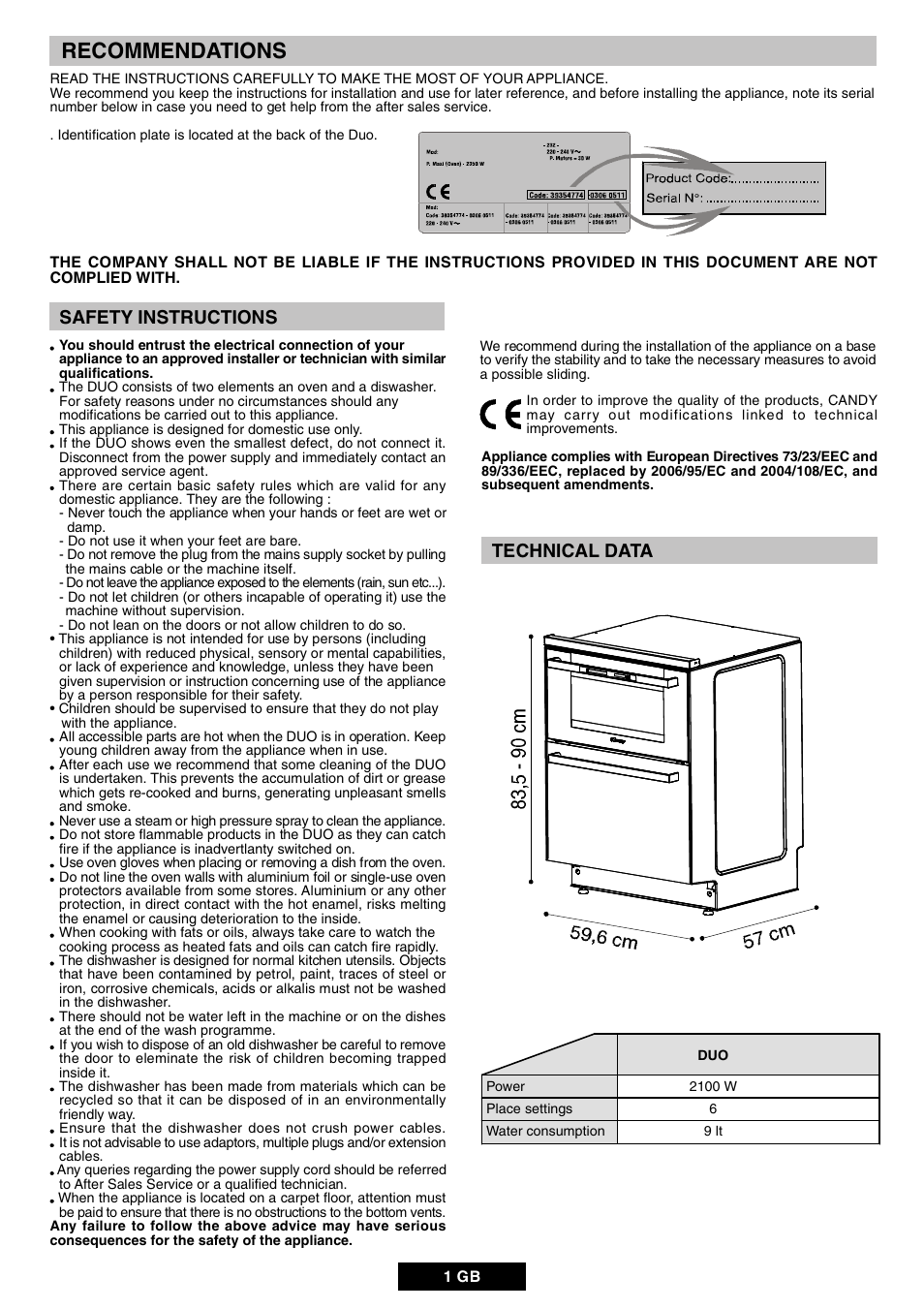 Recommendations, Safety instructions, Technical data | Candy DUO 609 X User Manual | Page 3 / 76