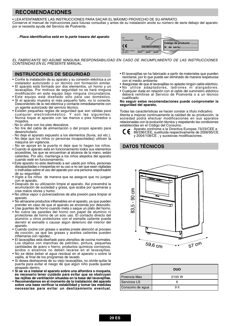 Recomendaciones, Instrucciones de seguridad, Datos técnicos | Candy DUO 609 X User Manual | Page 31 / 76