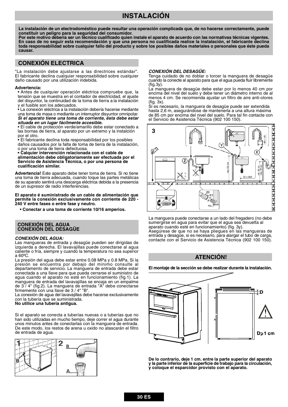Instalación, Conexión electrica, Atención | Candy DUO 609 X User Manual | Page 32 / 76