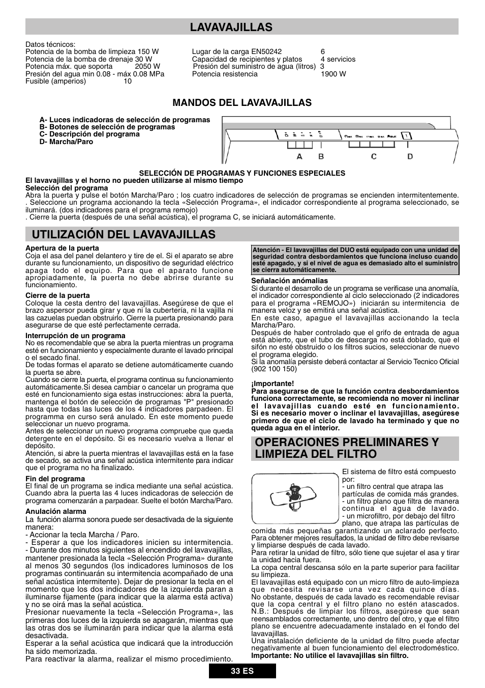 Lavavajillas, Utilización del lavavajillas, Operaciones preliminares y limpieza del filtro | Mandos del lavavajillas | Candy DUO 609 X User Manual | Page 35 / 76