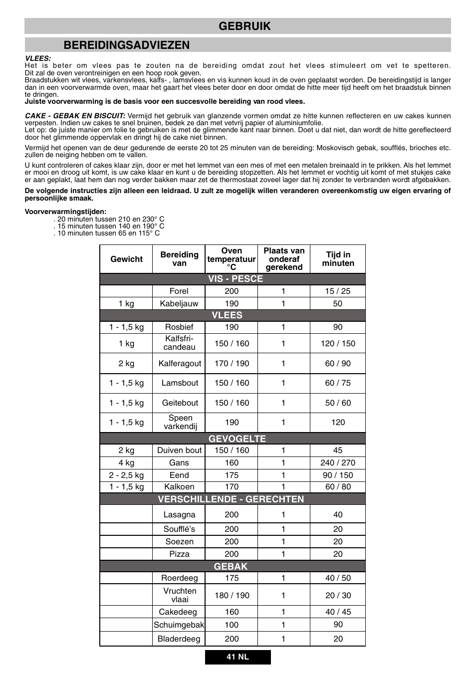 Bereidingsadviezen, Gebruik | Candy DUO 609 X User Manual | Page 43 / 76