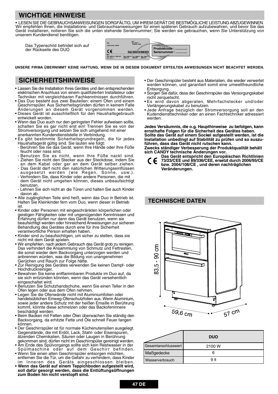 Wichtige hinweise sicherheitshinweise, Technische daten | Candy DUO 609 X User Manual | Page 49 / 76