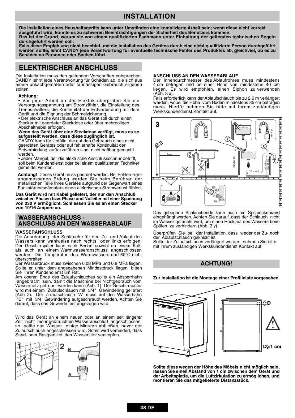 Installation, Elektrischer anschluss | Candy DUO 609 X User Manual | Page 50 / 76