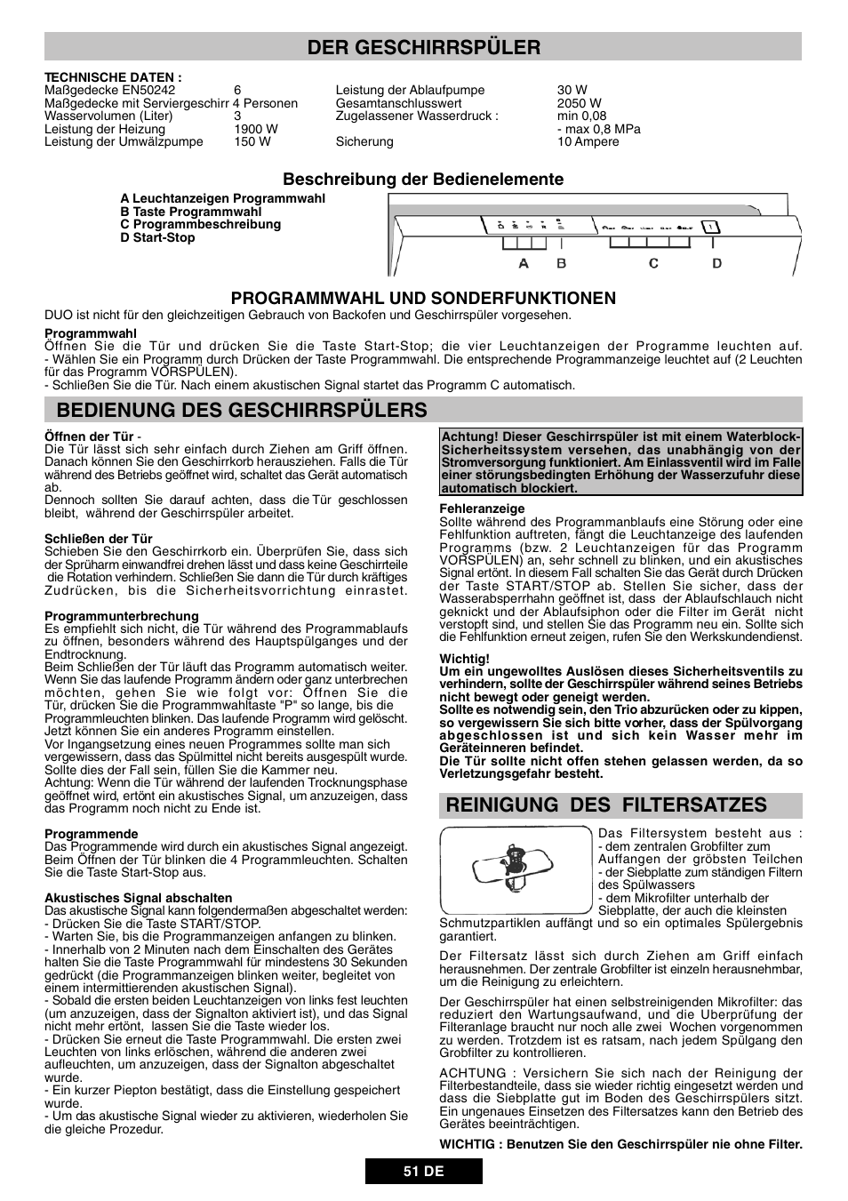 Der geschirrspüler, Bedienung des geschirrspülers, Reinigung des filtersatzes | Beschreibung der bedienelemente, Programmwahl und sonderfunktionen | Candy DUO 609 X User Manual | Page 53 / 76