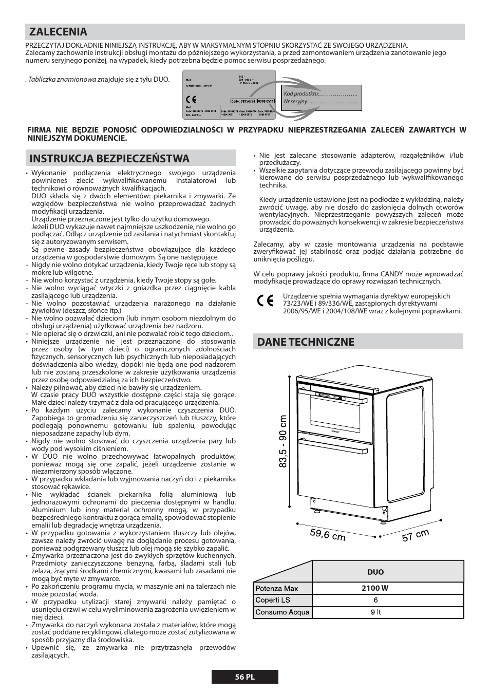 Candy DUO 609 X User Manual | Page 58 / 76