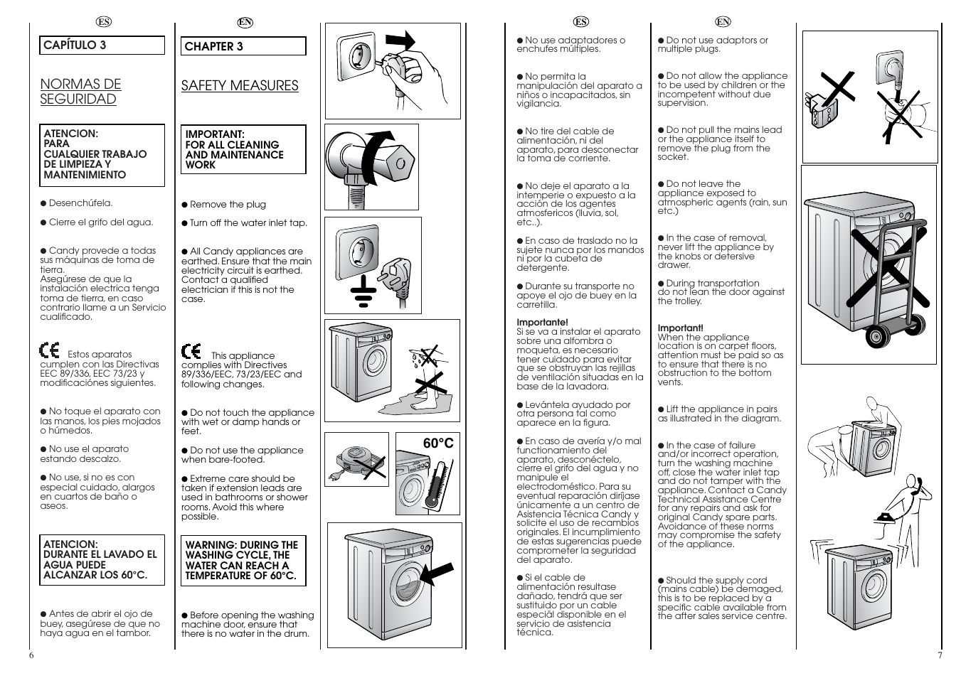 Normas de seguridad, Safety measures, 60°c | Candy CN 53.1__D User Manual | Page 4 / 25