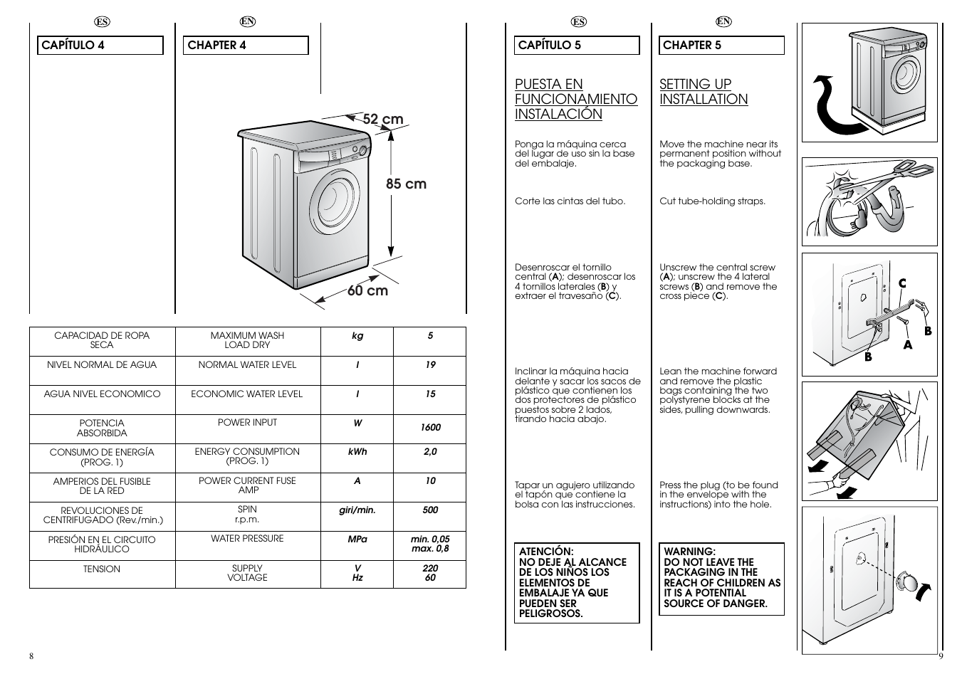 Puesta en funcionamiento instalación, Setting up installation | Candy CN 53.1__D User Manual | Page 5 / 25