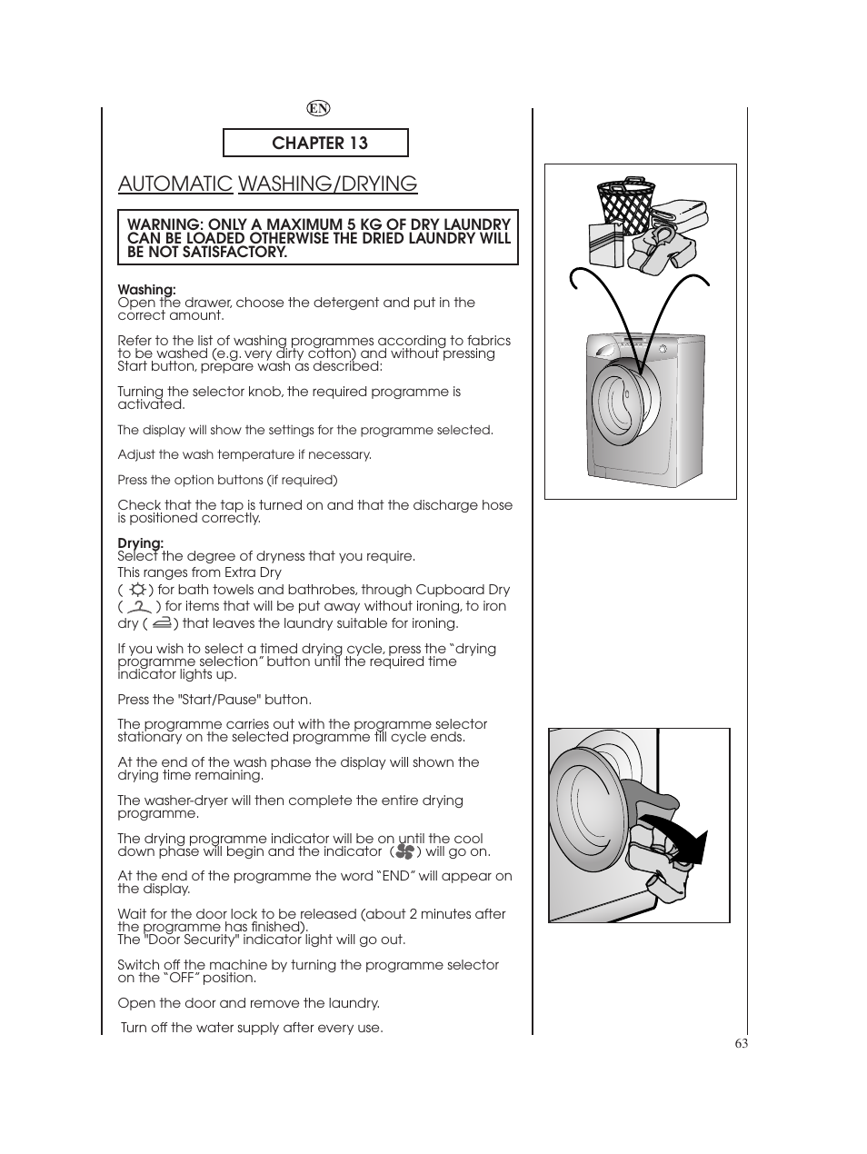 Automatic washing/drying, Chapter 13 | Candy GO W485D-66 User Manual | Page 63 / 72