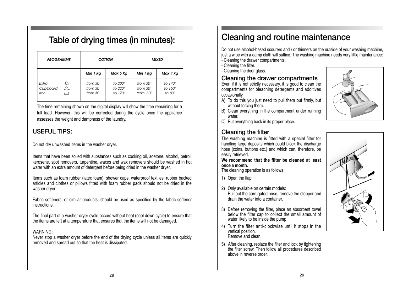 Cleaning and routine maintenance, Table of drying times (in minutes) | Candy EVOW 6853D-80 User Manual | Page 15 / 21