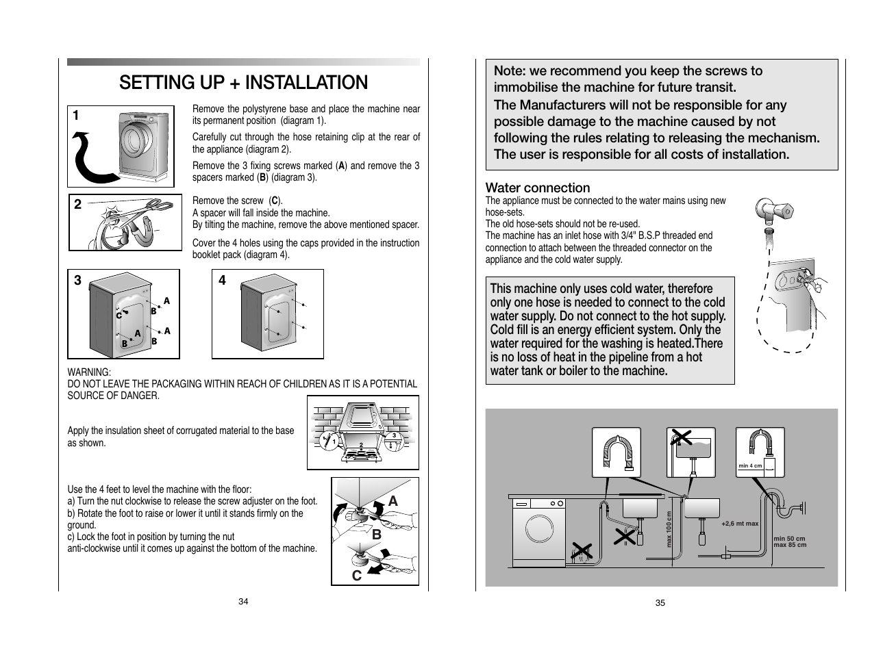 Setting up + installation | Candy EVOW 6853D-80 User Manual | Page 18 / 21