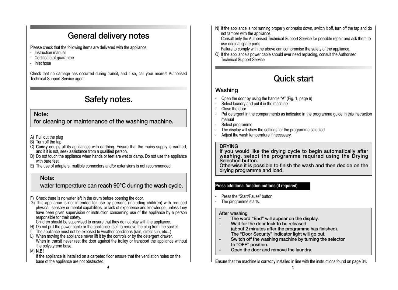 Quick start | Candy EVOW 6853D-80 User Manual | Page 3 / 21