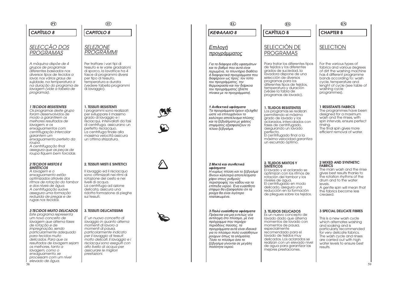 Selection, Selezione programmi, Selecção dos programas | Selección de programas | Candy GO4 1274L-16S User Manual | Page 30 / 45
