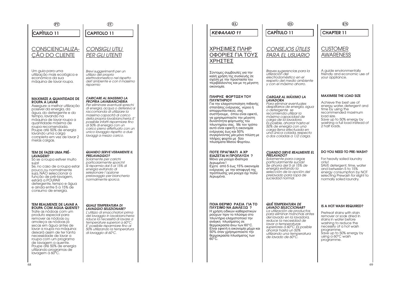 Customer awareness, Consigli utili per gli utenti, Consciencializa- ção do cliente | Consejos útiles para el usuario | Candy GO4 1274L-16S User Manual | Page 35 / 45