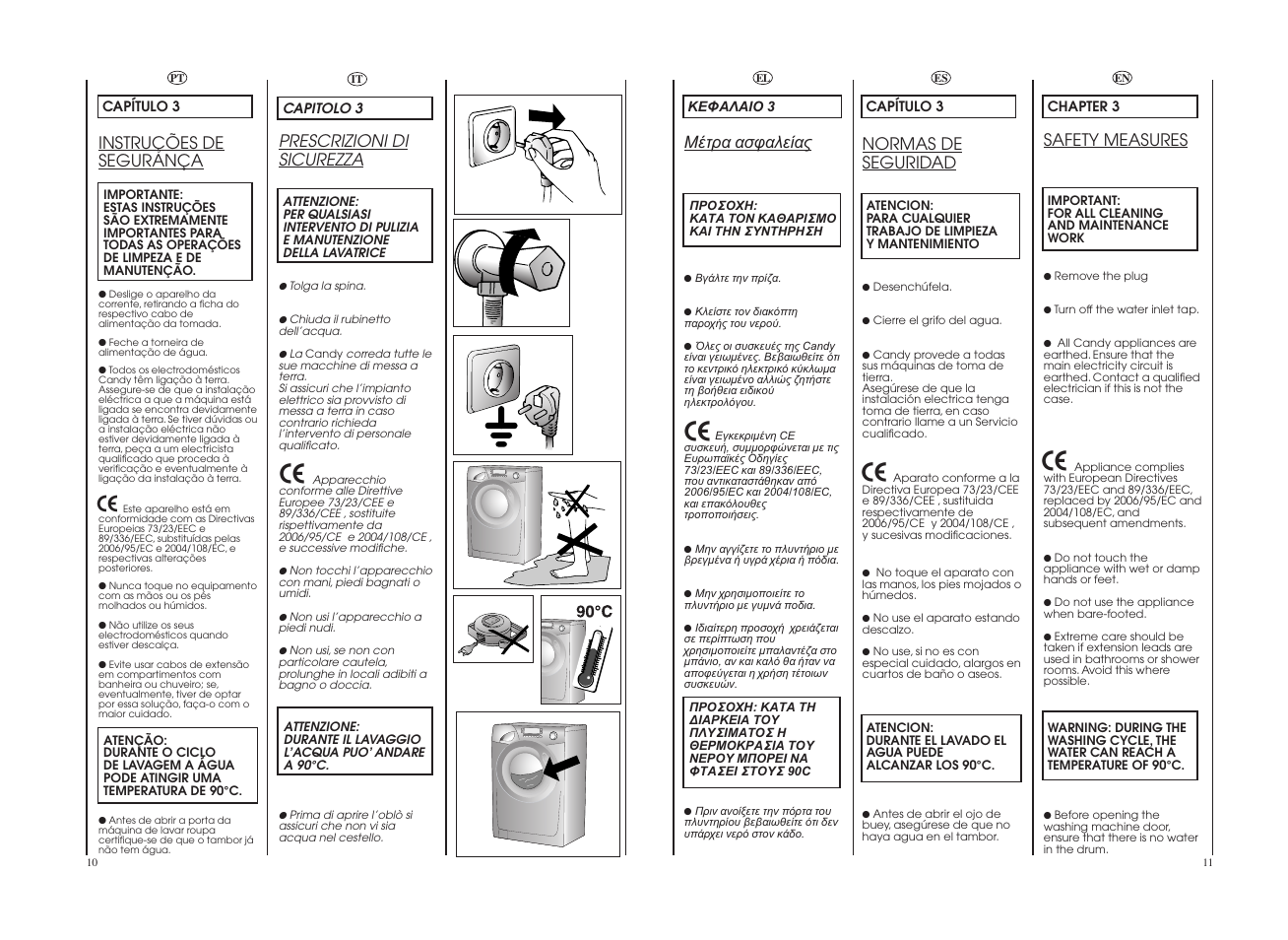 Prescrizioni di sicurezza, Safety measures, Instruções de segurança | Normas de seguridad | Candy GO4 1274L-16S User Manual | Page 6 / 45