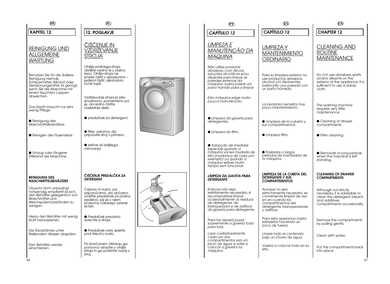 Cleaning and routine maintenance, Limpeza e manutenção da maquina, Limpieza y mantenimiento ordinario | Reinigung und allgemeine wartung, Âi·âenje in vzdrîevanje stroja | Candy GO 126DF__L-S User Manual | Page 34 / 41