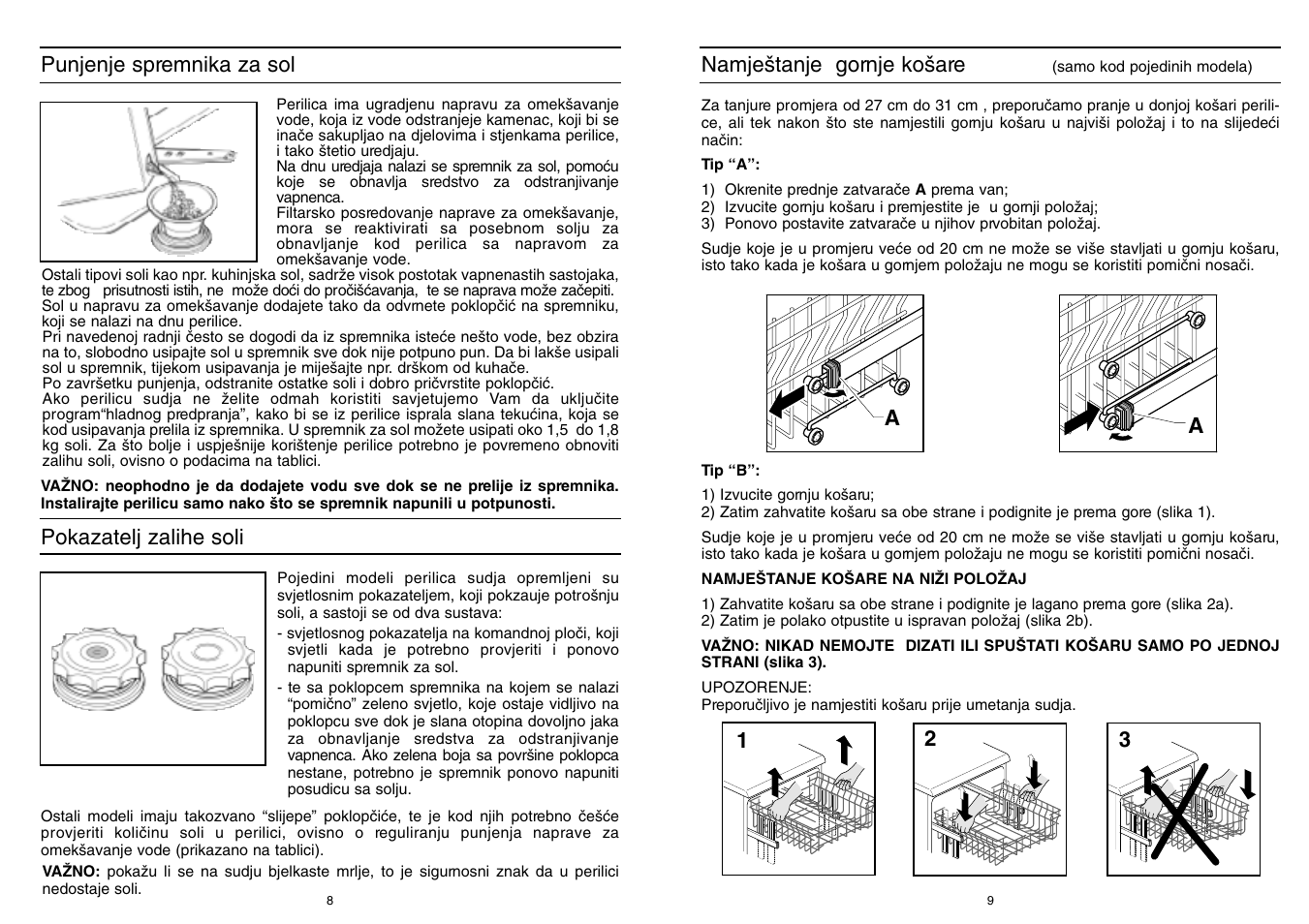 Punjenje spremnika za sol, Pokazatelj zalihe soli, Namje‰tanje gornje ko‰are | Candy CD 600 User Manual | Page 5 / 77