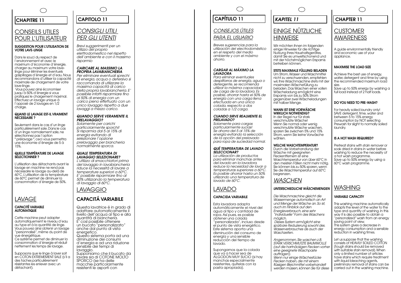 Conseils utiles pour l’utilisateur, Lavage, Einige nützliche hinweise | Waschen, Customer awareness, Washing, Consigli utili per gli utenti, Lavaggio, Lavado | Candy ICL 100 TR H__C User Manual | Page 25 / 33