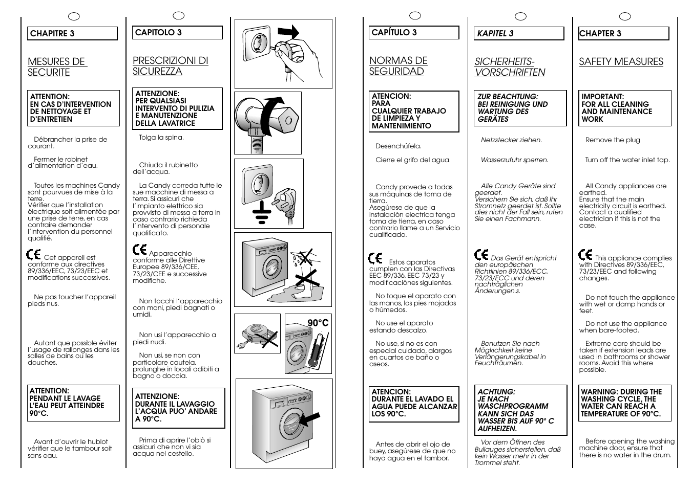 Mesures de securite, Sicherheits- vorschriften, Safety measures | Prescrizioni di sicurezza, Normas de seguridad | Candy ICL 100 TR H__C User Manual | Page 6 / 33